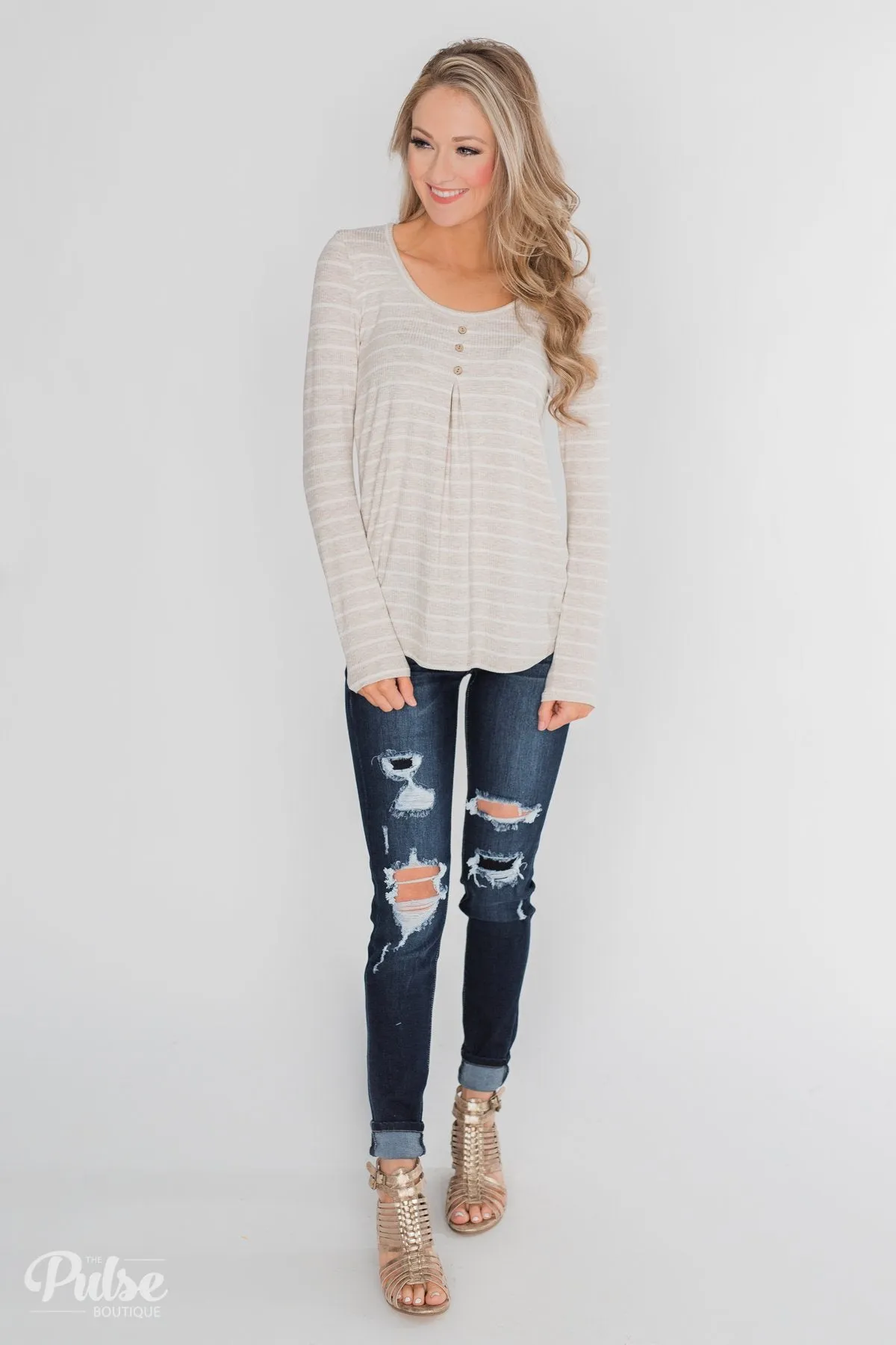 Never Forget You Pleated Striped Top- Oatmeal
