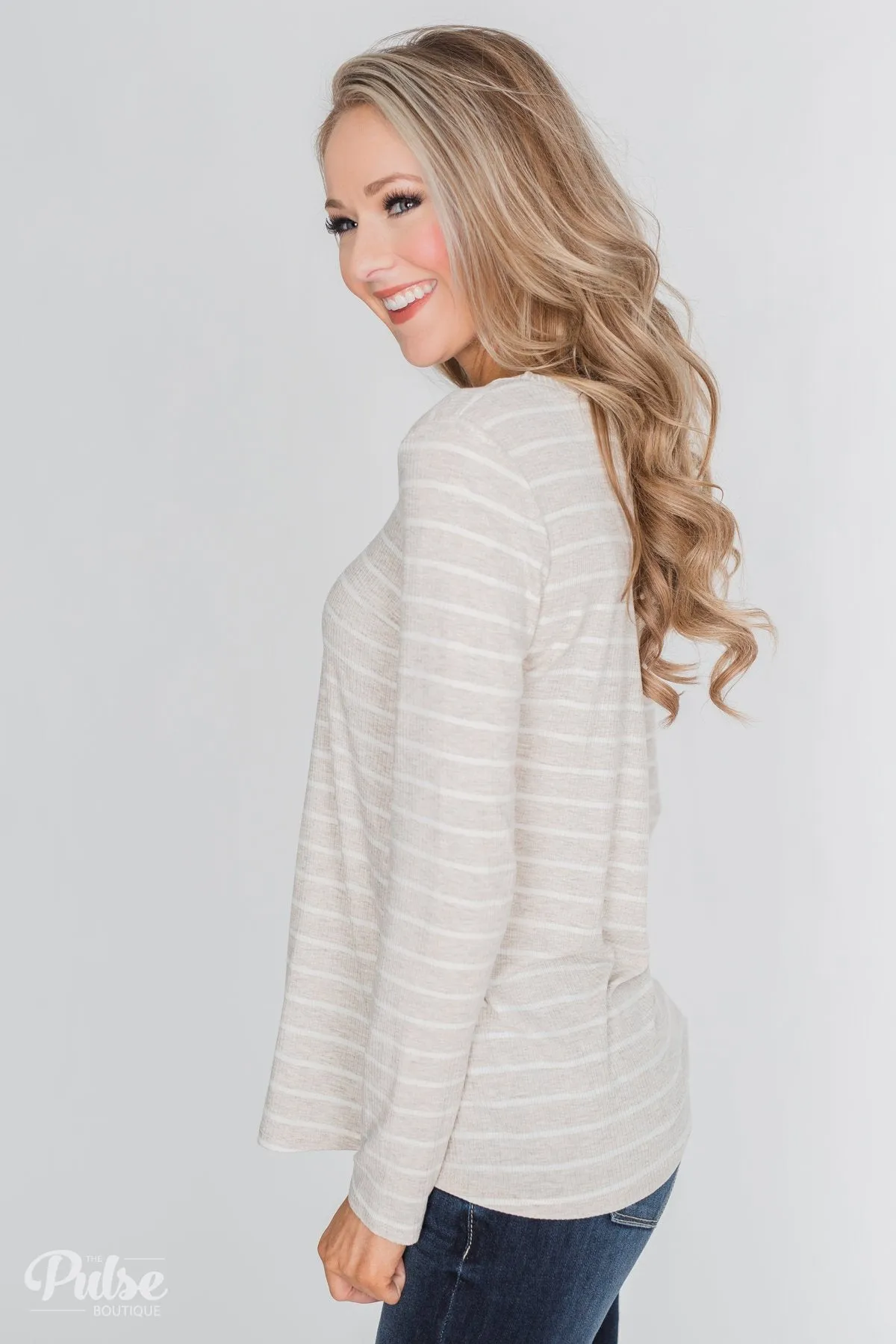 Never Forget You Pleated Striped Top- Oatmeal