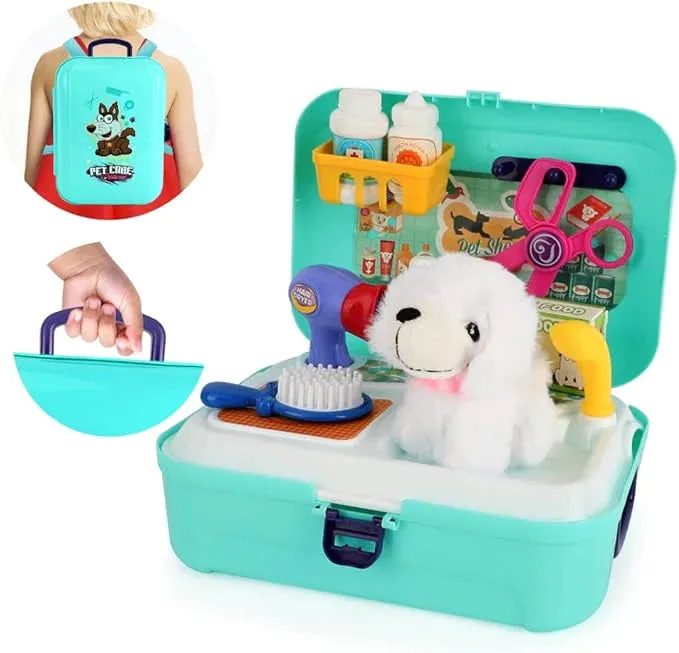 NEW Aomola Pet Care Set Role Play Toys for Kids, 16pcs Grooming Feeding Puppy Dog Backpack Vet Game, Toy Gifts