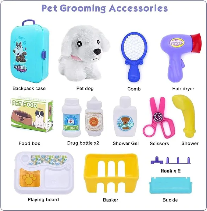 NEW Aomola Pet Care Set Role Play Toys for Kids, 16pcs Grooming Feeding Puppy Dog Backpack Vet Game, Toy Gifts