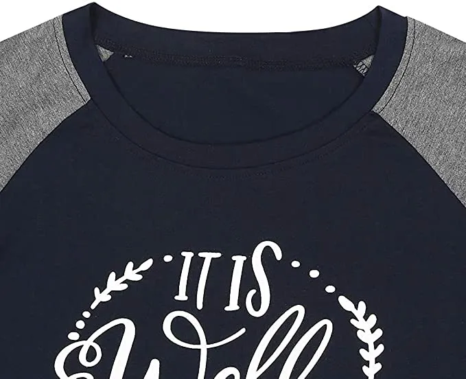New BANGELY It is Well with My Soul Women Faith Letter Print T-Shirt Baseball Patches Long Sleeve, Sz S!