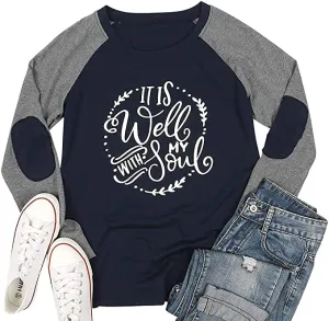 New BANGELY It is Well with My Soul Women Faith Letter Print T-Shirt Baseball Patches Long Sleeve, Sz S!