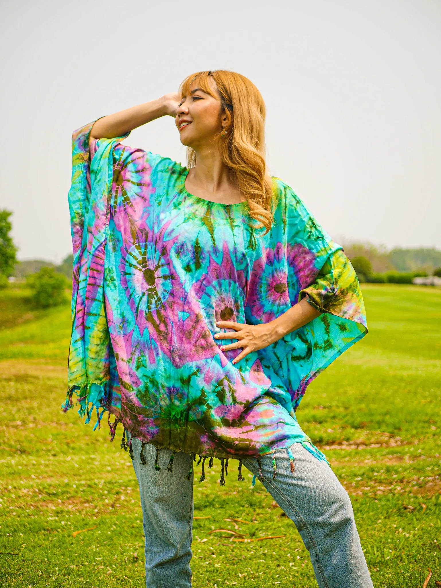 Ocean Sunset Poncho Hand Dyed Tunic Kaftan Blouse Oversize Top