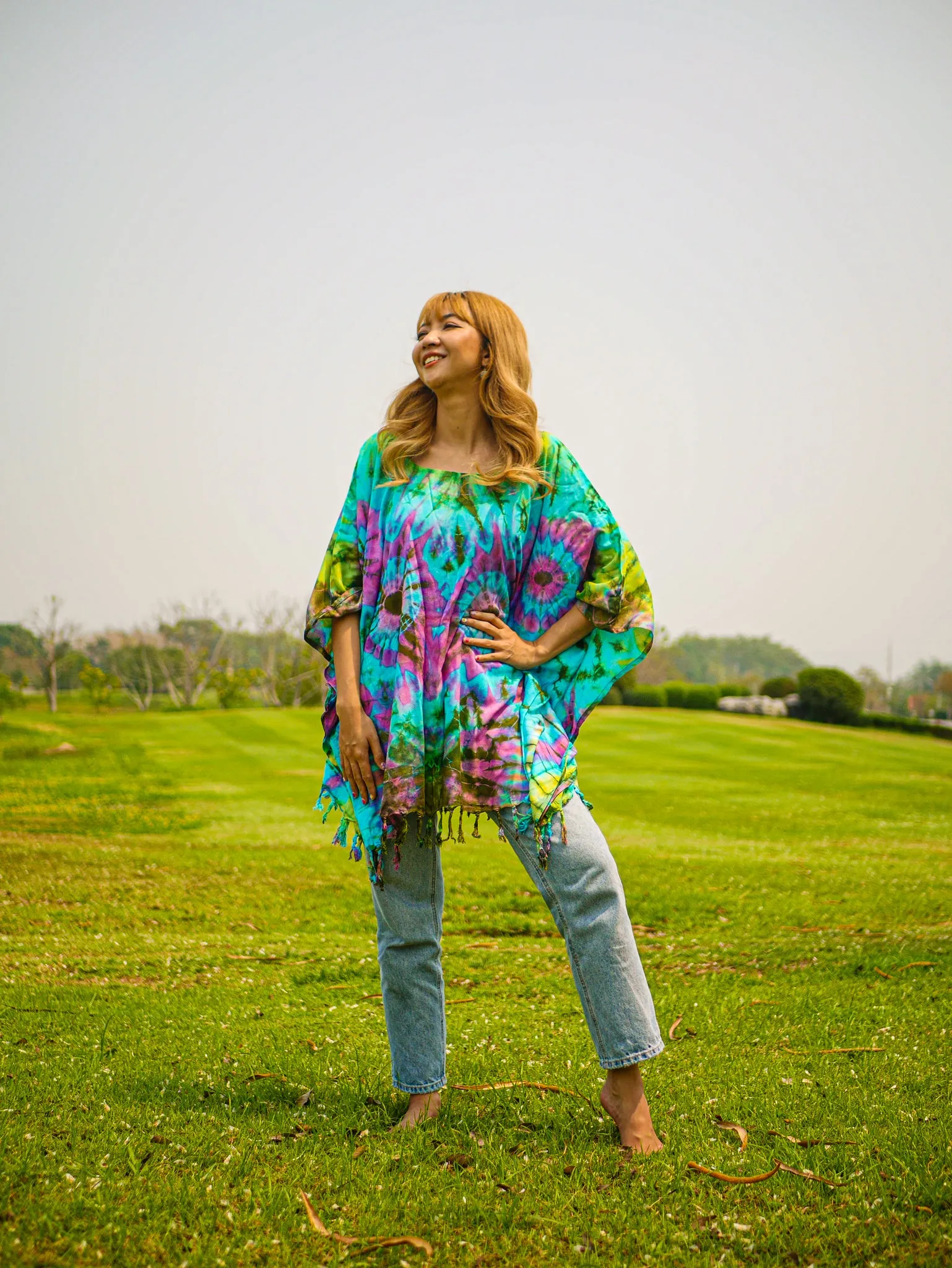 Ocean Sunset Poncho Hand Dyed Tunic Kaftan Blouse Oversize Top