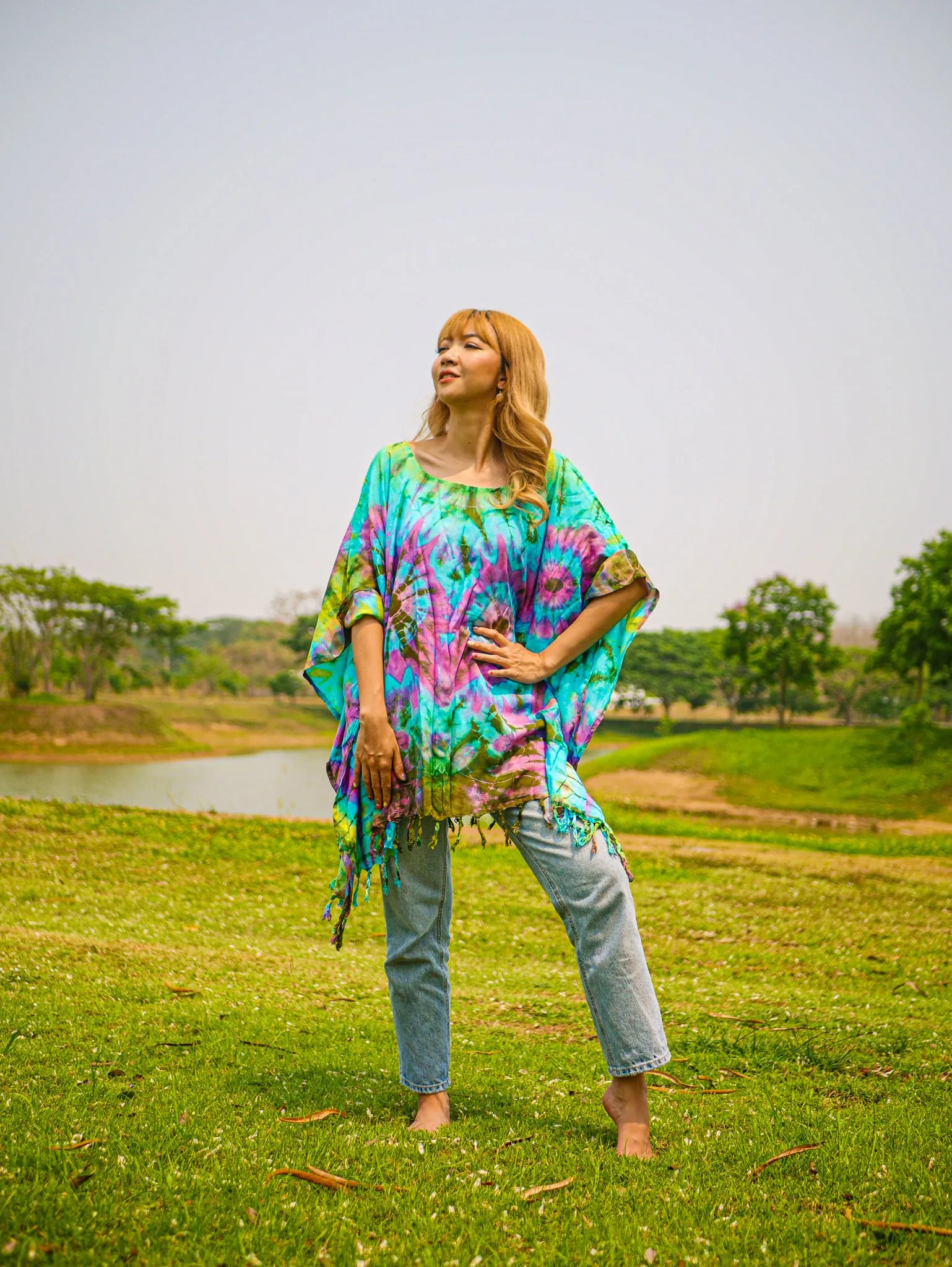 Ocean Sunset Poncho Hand Dyed Tunic Kaftan Blouse Oversize Top