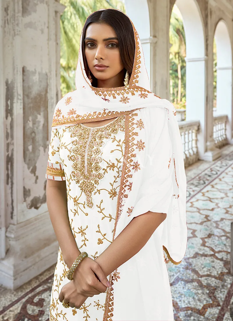 Off White Embroidery Traditional Georgette Palazzo Suit