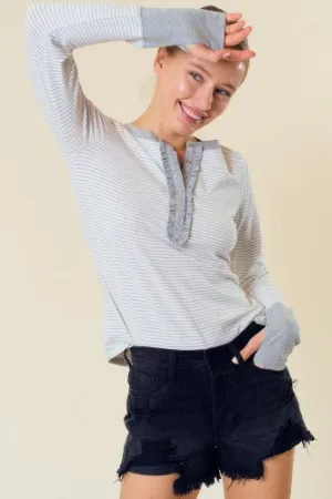 Off White   Grey Stripe Ruffle Henley Top