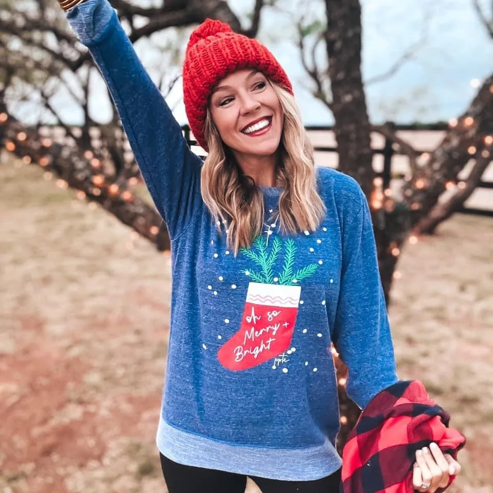 Oh So Merry and Bright Stocking French Terry Top in Heather Blue