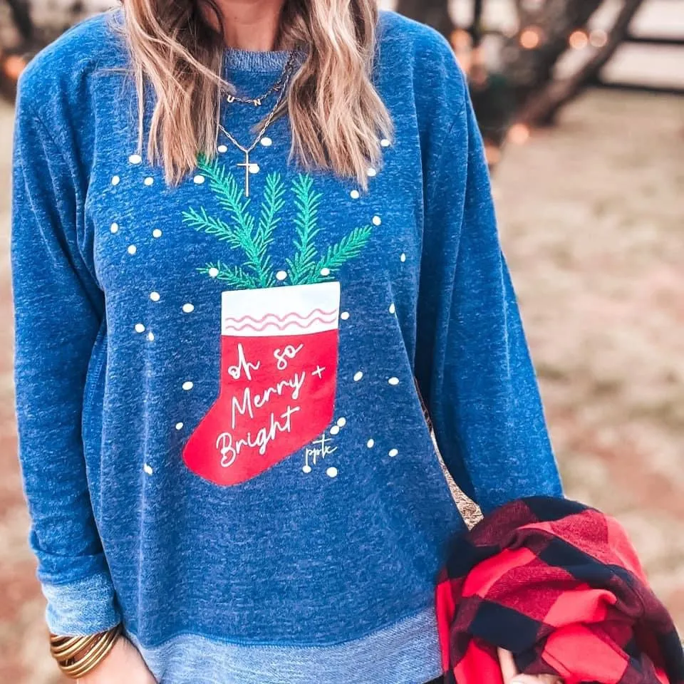 Oh So Merry and Bright Stocking French Terry Top in Heather Blue