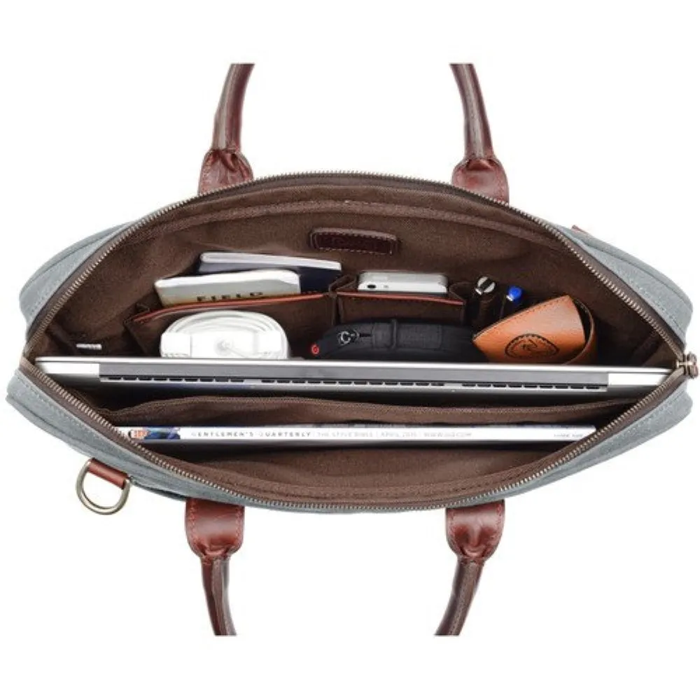 ONA The Kingston 15" Laptop Briefcase Waxed Cotton with Leather Accents | Smoke