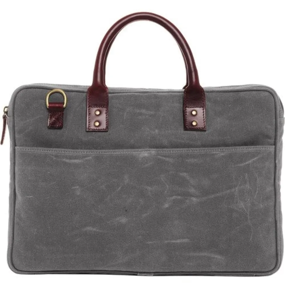 ONA The Kingston 15" Laptop Briefcase Waxed Cotton with Leather Accents | Smoke
