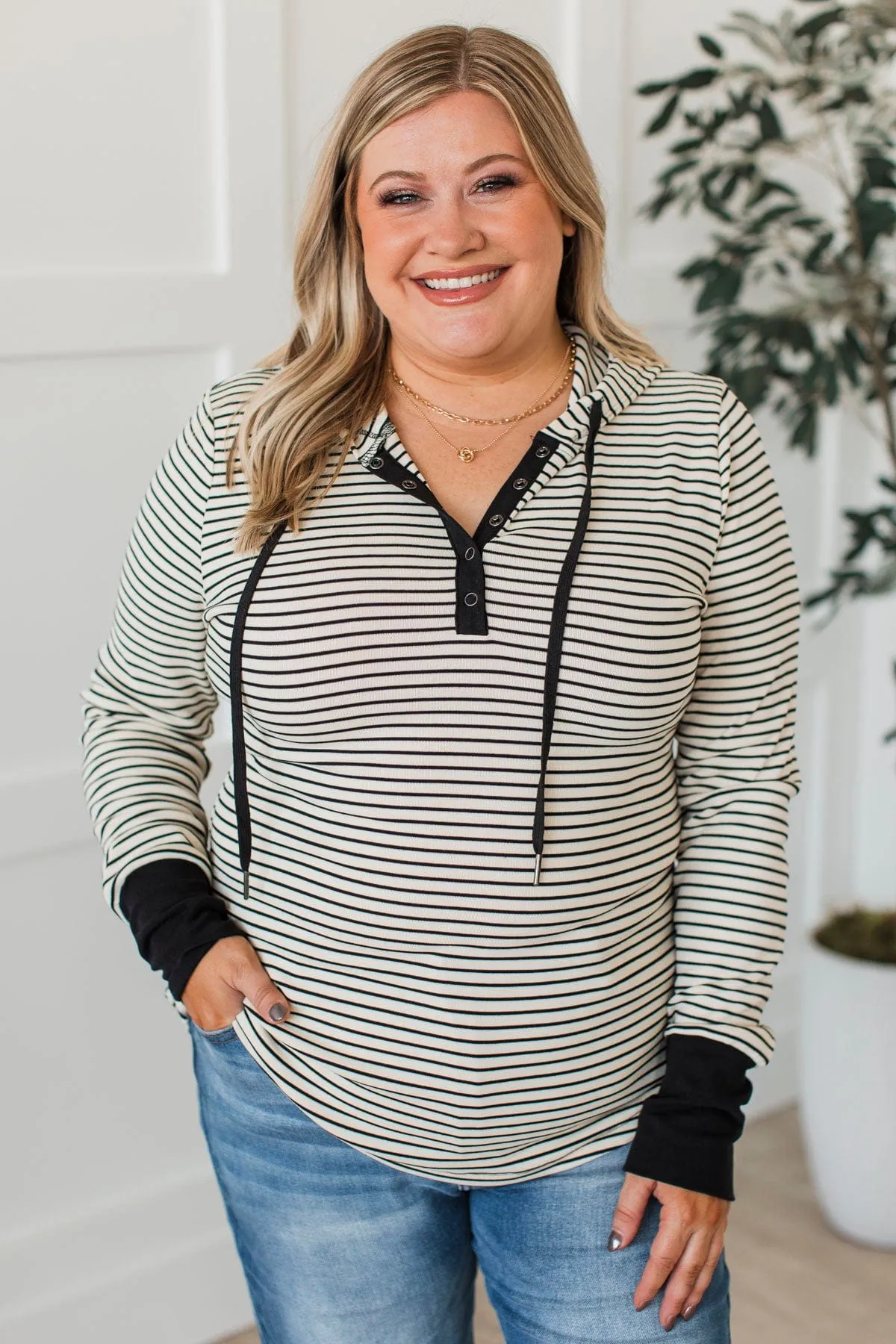 One Step Away Hooded Henley Top- Cream