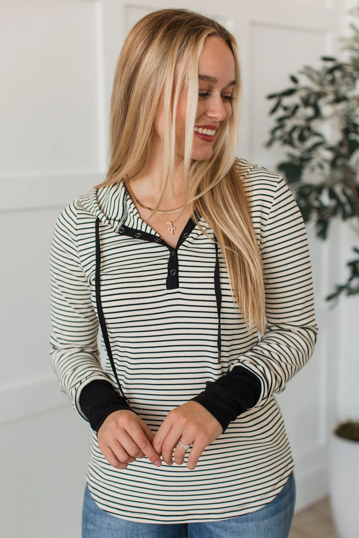One Step Away Hooded Henley Top- Cream