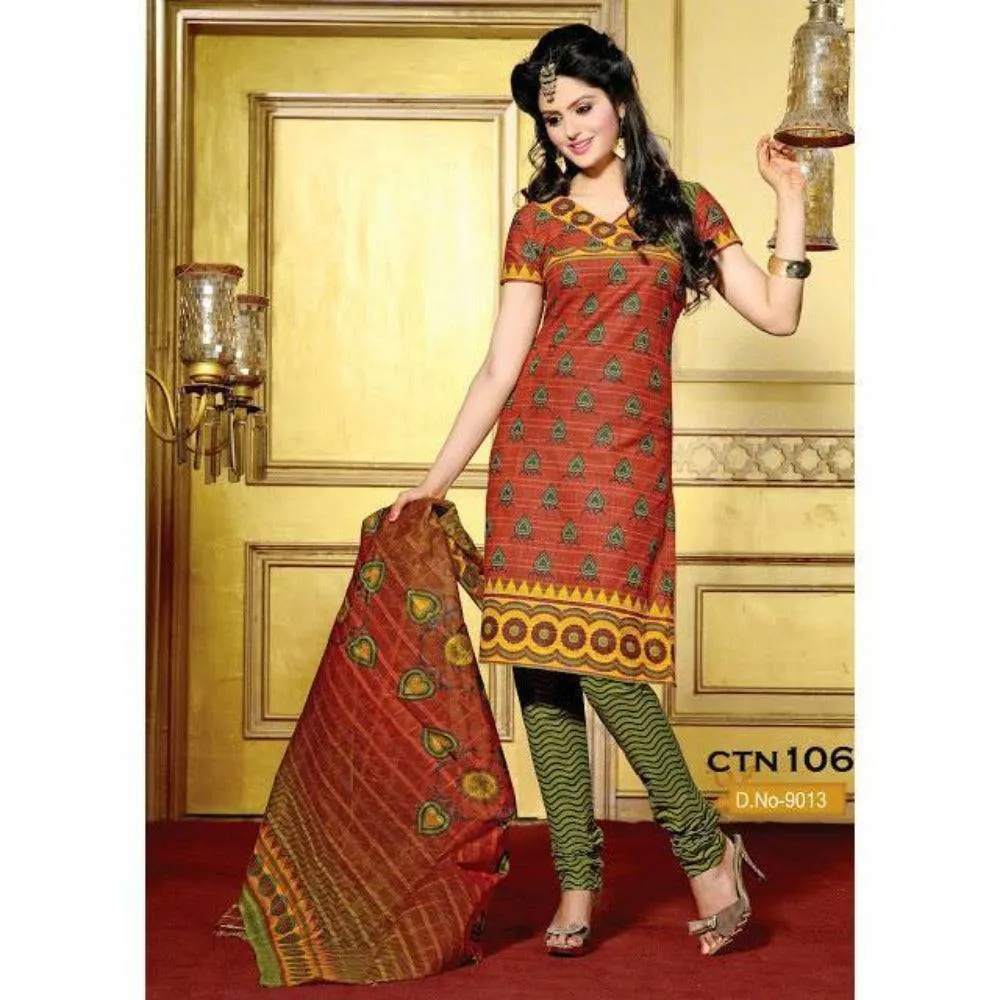 Orange and Light Parrot Cotton Salwar Kameez Dress material