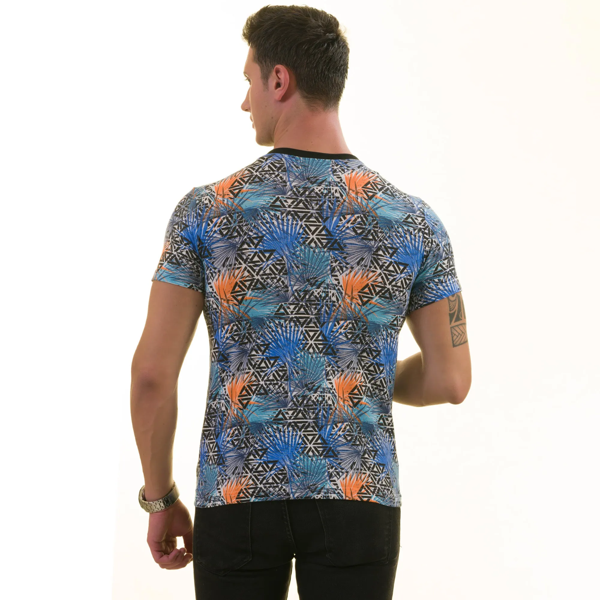 Orange Blue Leaves European Made Premium Quality T-Shirt - Crew Neck Short Sleeve T-Shirts