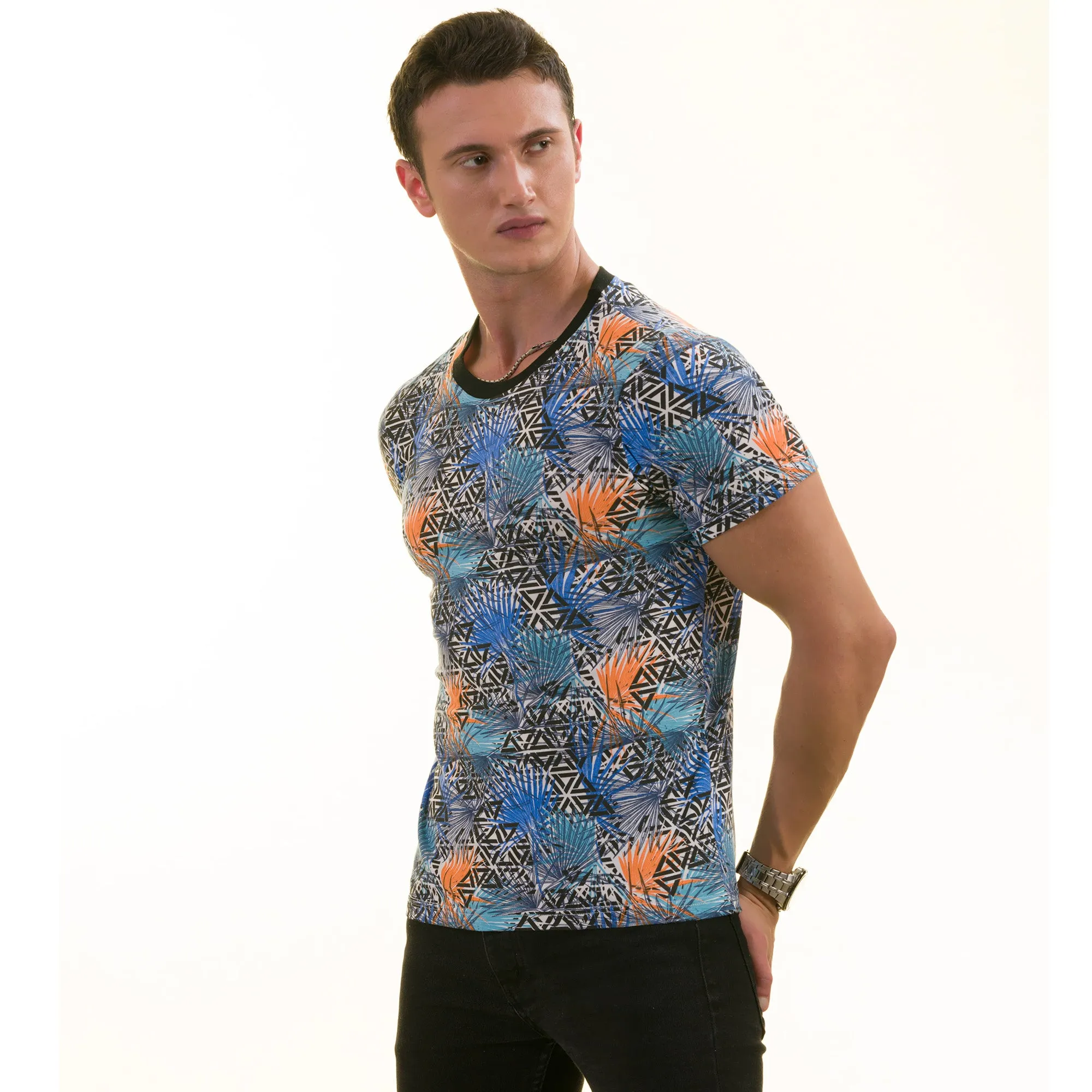 Orange Blue Leaves European Made Premium Quality T-Shirt - Crew Neck Short Sleeve T-Shirts