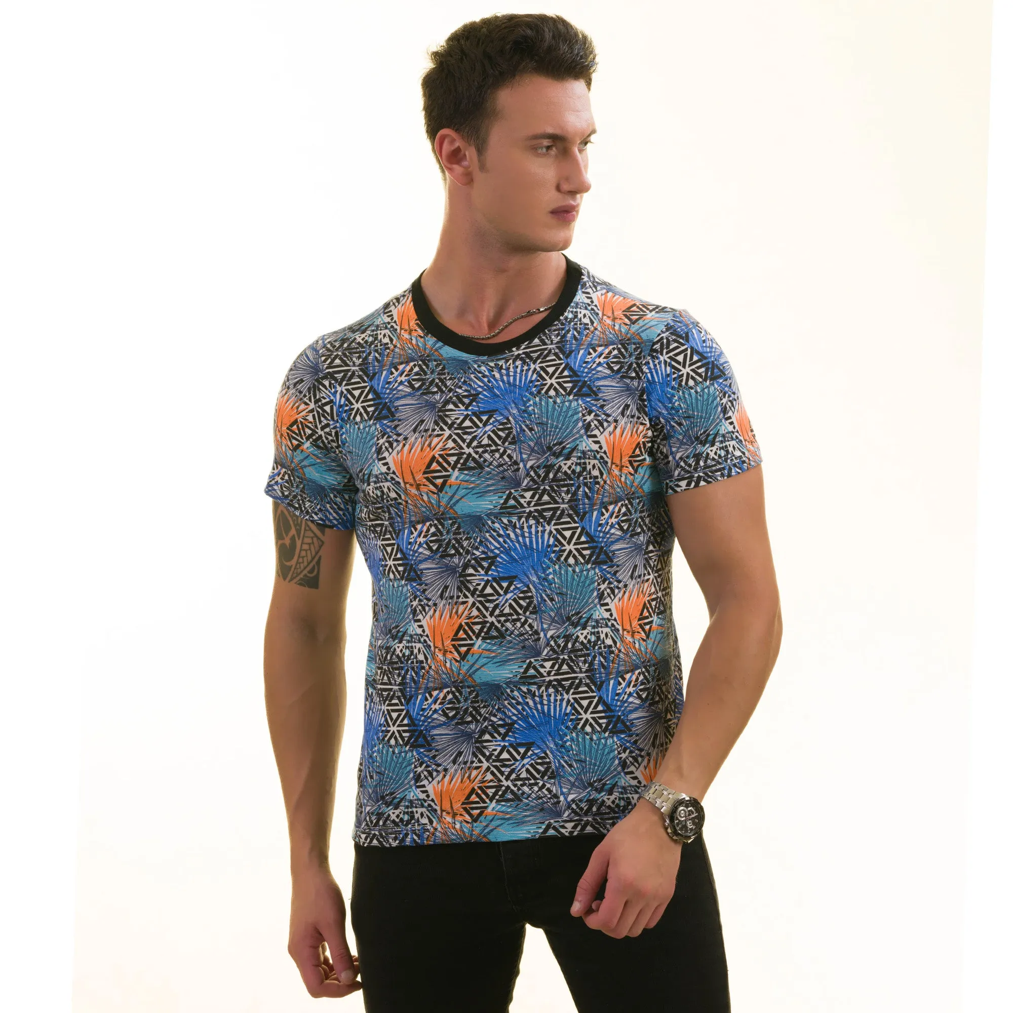 Orange Blue Leaves European Made Premium Quality T-Shirt - Crew Neck Short Sleeve T-Shirts