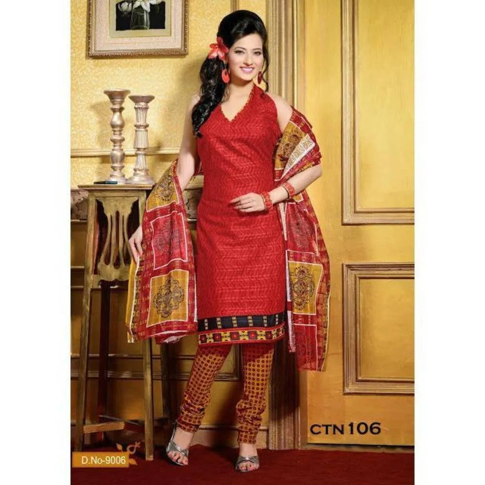 Orange Printed Pure Cotton Salwar Suit Dress Material