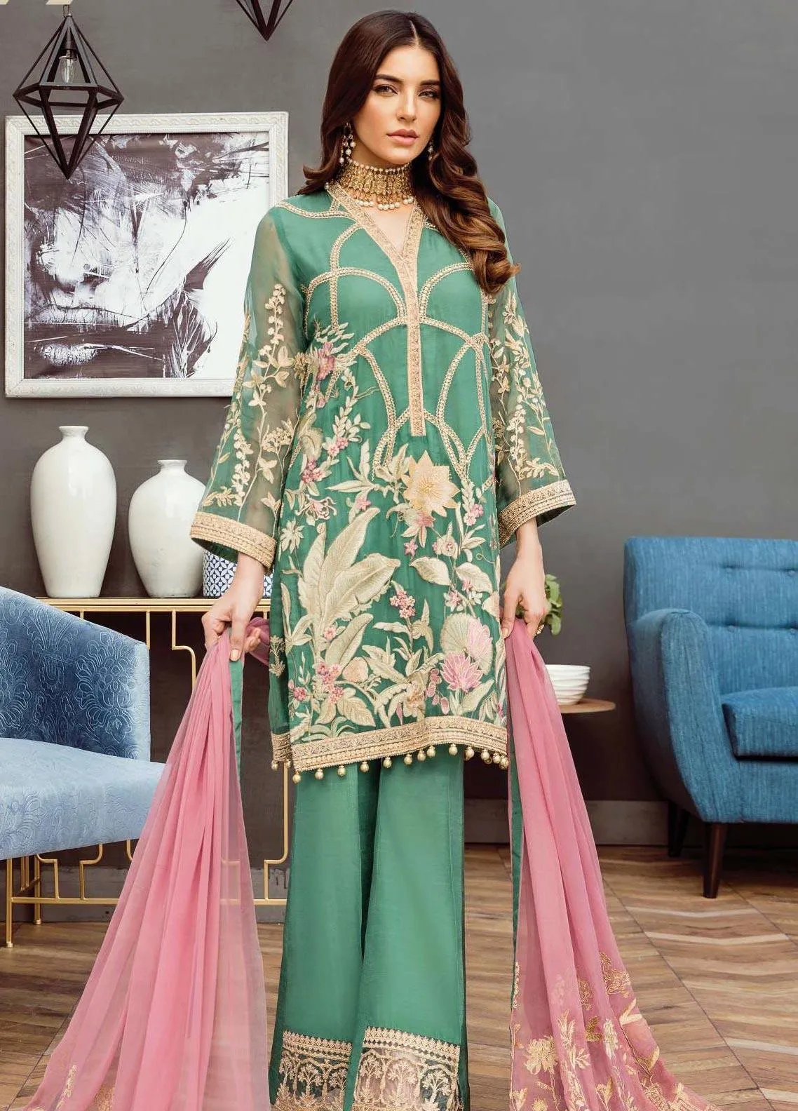 Pakistani Formal Dress in Green Color #J6130