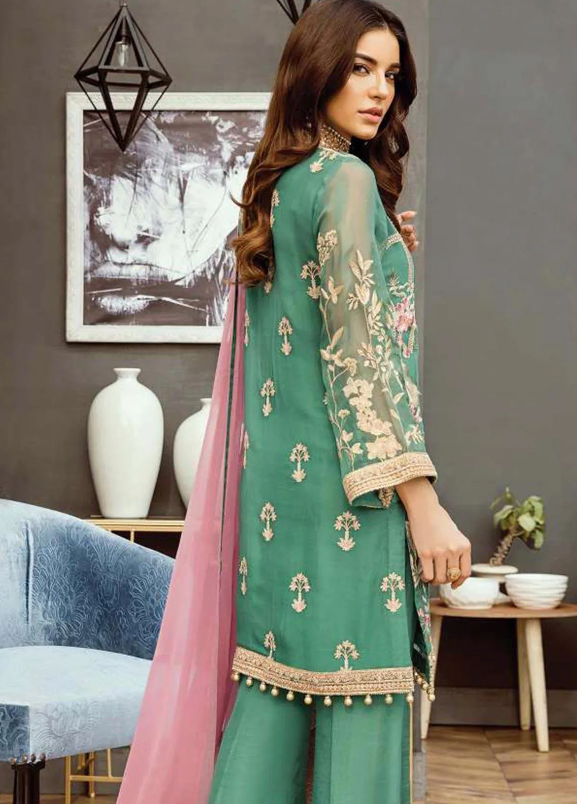 Pakistani Formal Dress in Green Color #J6130