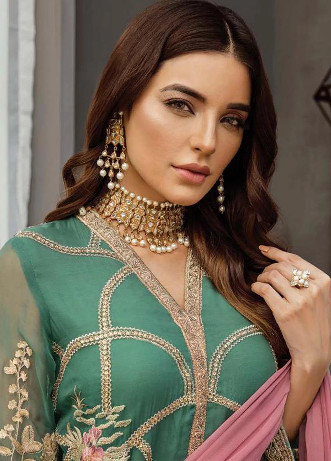 Pakistani Formal Dress in Green Color #J6130