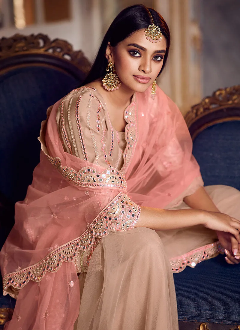 Peach And Pink Mirror Embroidered Gharara Suit
