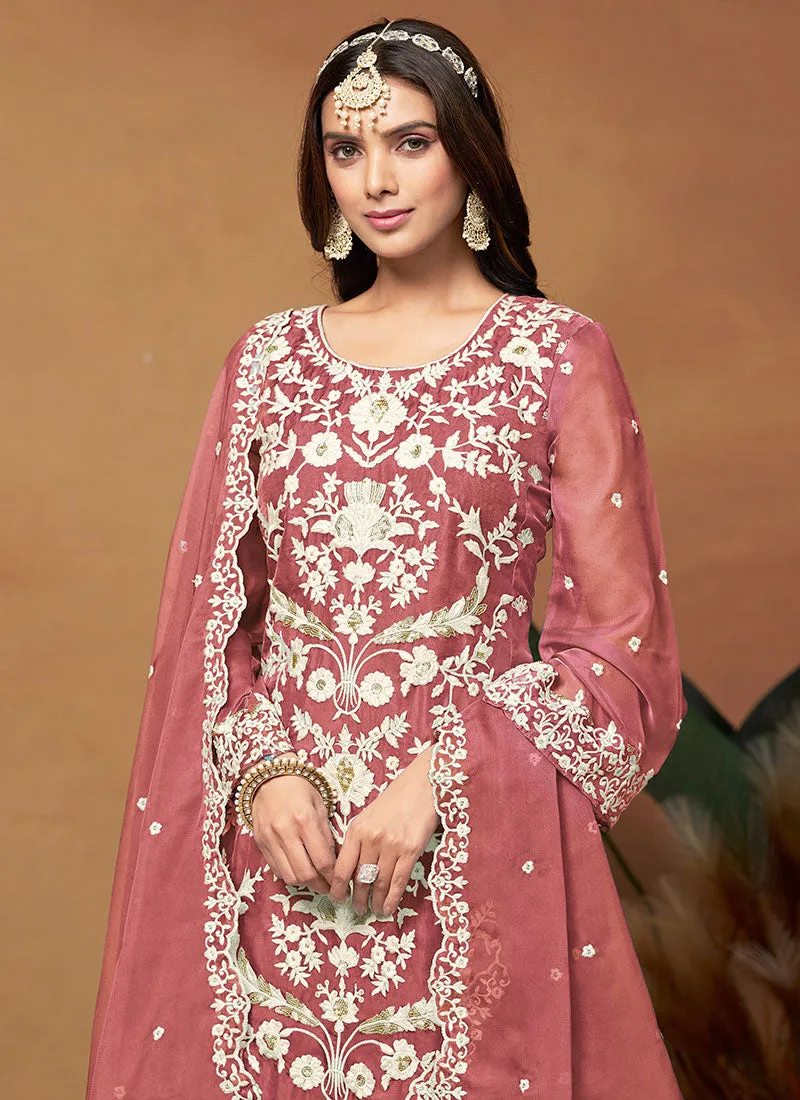 Peach Thread And Sequence Embroidery Pant Style Salwar Suit