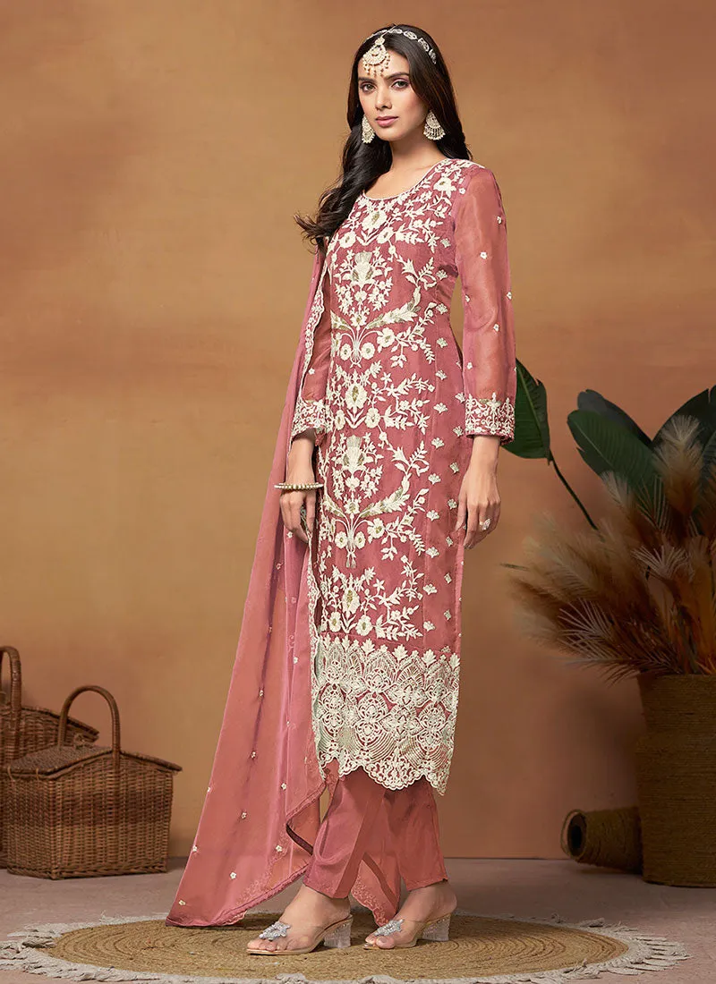 Peach Thread And Sequence Embroidery Pant Style Salwar Suit