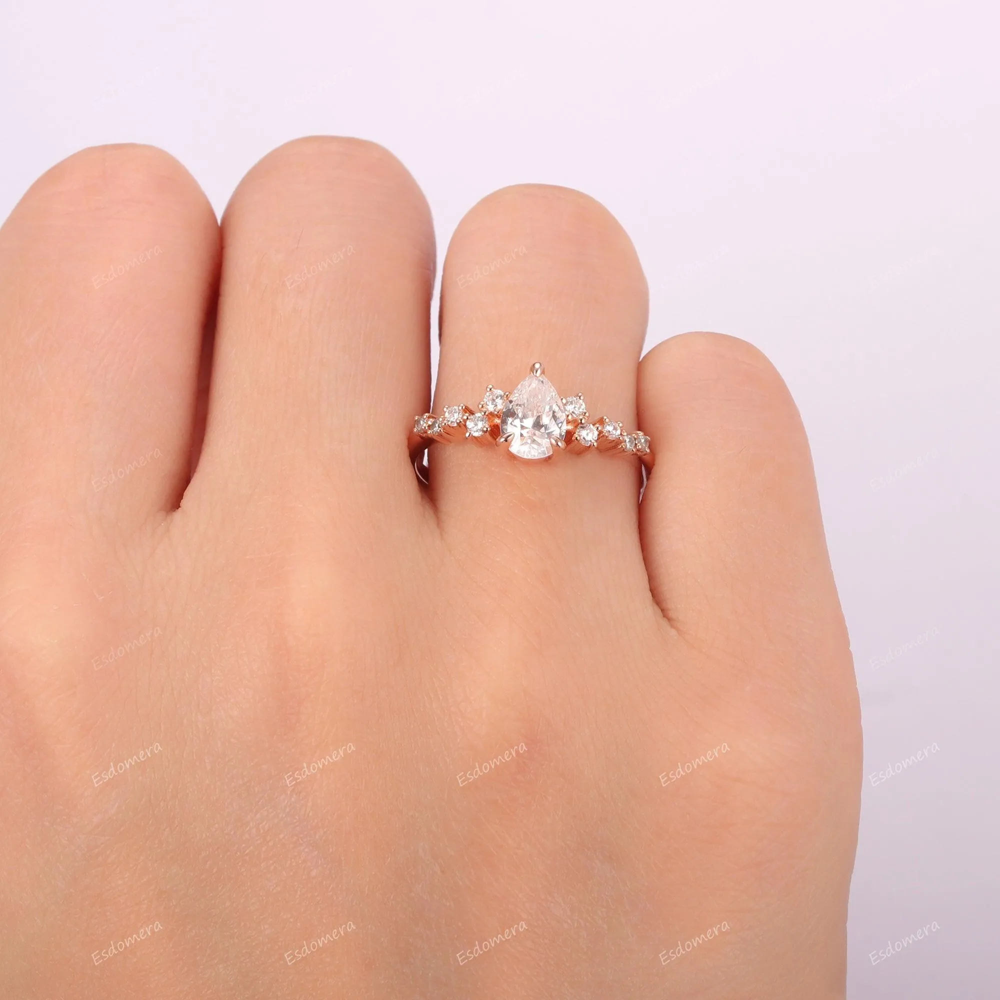 Pear Cut Art Deco Moissanite Cluster Ring, 14k Rose Gold Anniversary Ring For Her