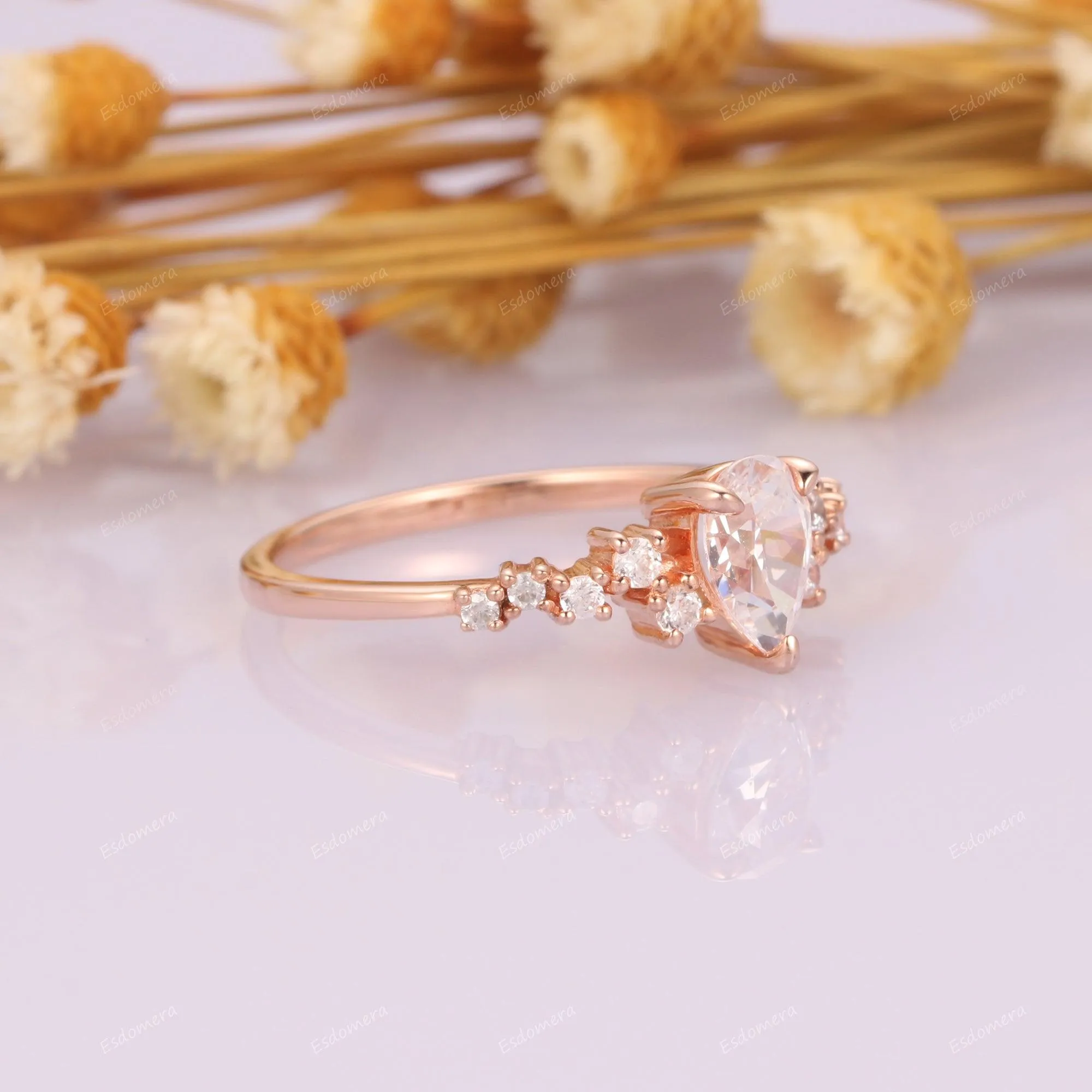 Pear Cut Art Deco Moissanite Cluster Ring, 14k Rose Gold Anniversary Ring For Her