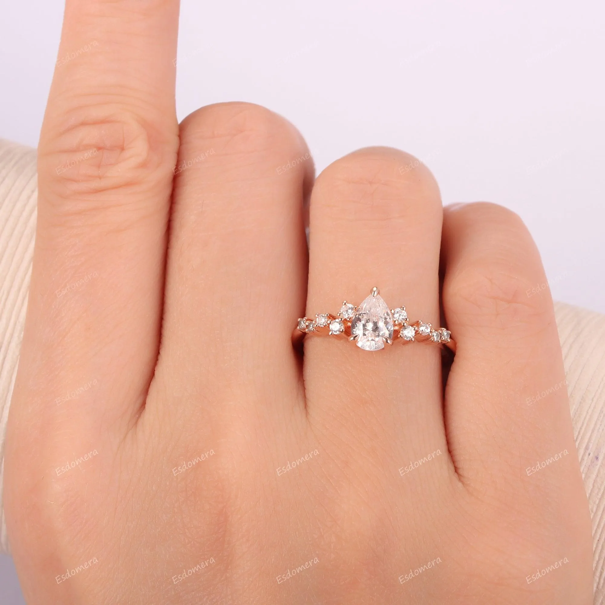 Pear Cut Art Deco Moissanite Cluster Ring, 14k Rose Gold Anniversary Ring For Her