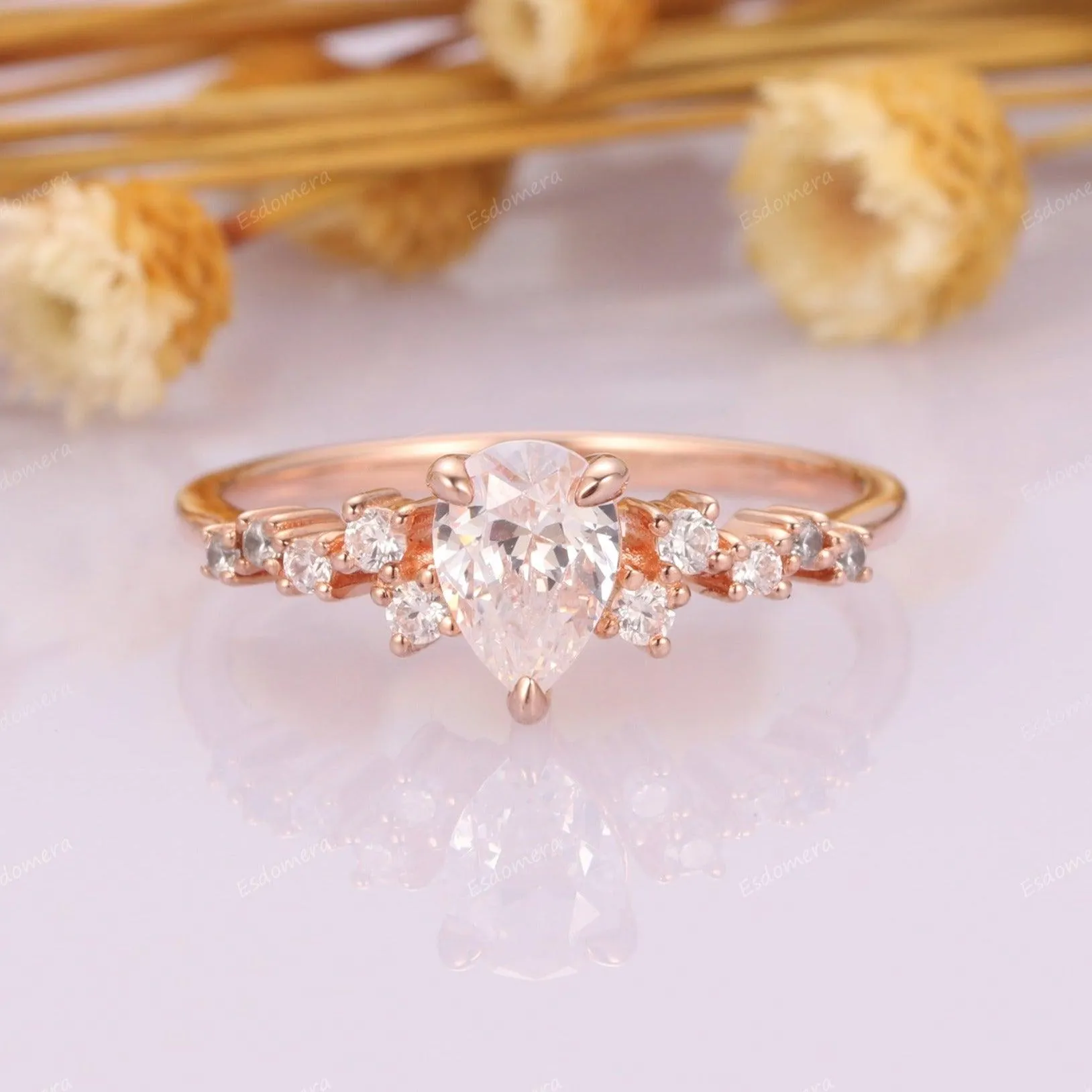 Pear Cut Art Deco Moissanite Cluster Ring, 14k Rose Gold Anniversary Ring For Her