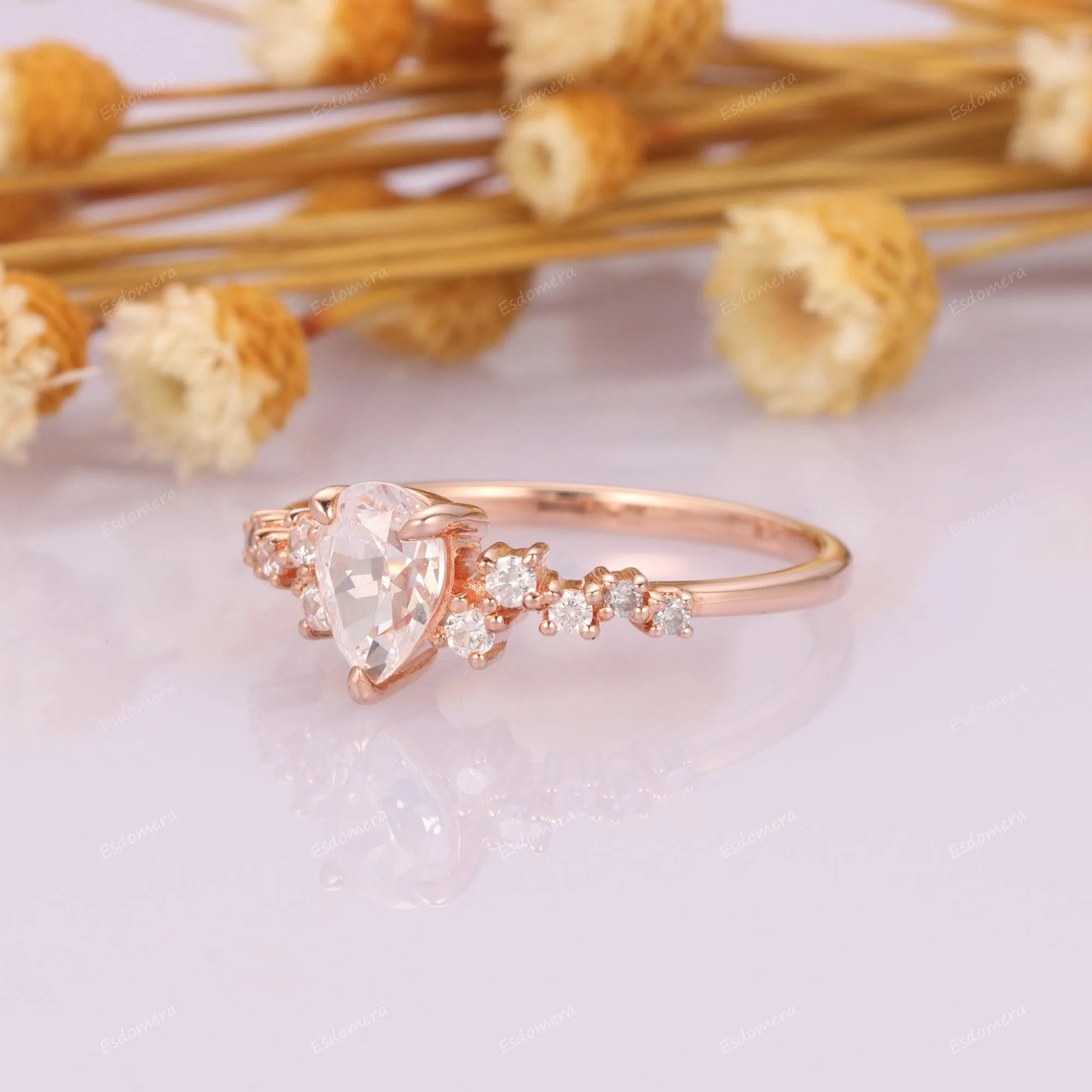 Pear Cut Art Deco Moissanite Cluster Ring, 14k Rose Gold Anniversary Ring For Her