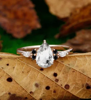 Pear Shaped 1.5CT Herkimer Diamond Rose Gold 7 Stone Black Onyx Bridal Wedding Ring