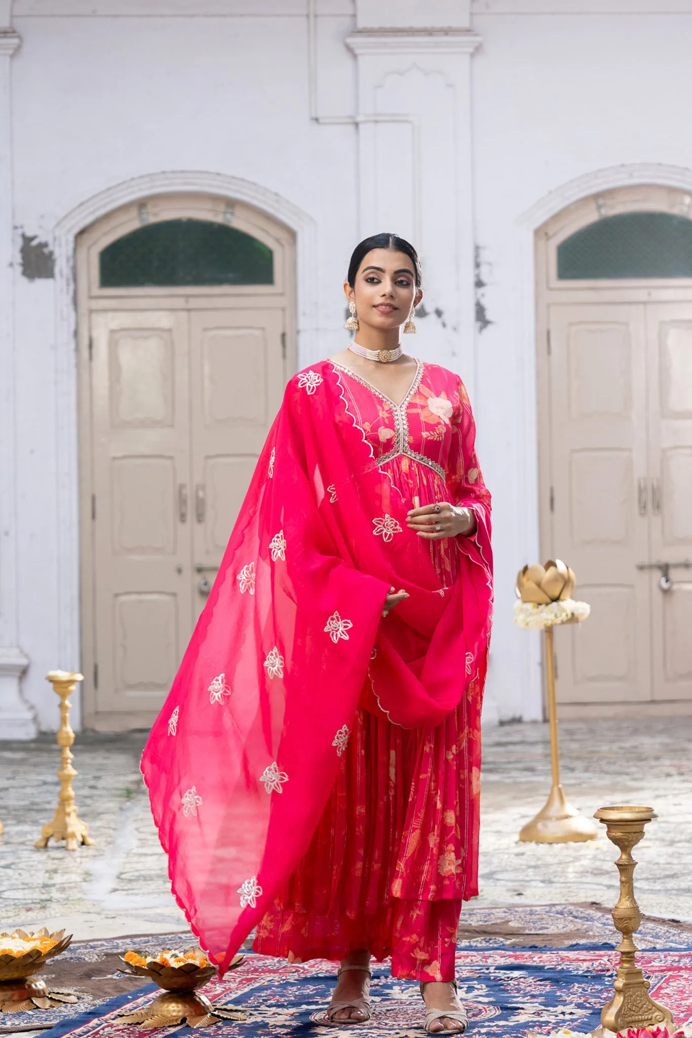 Pink Chinon Chiffon Suit Set with Embroidered Organza Dupatta