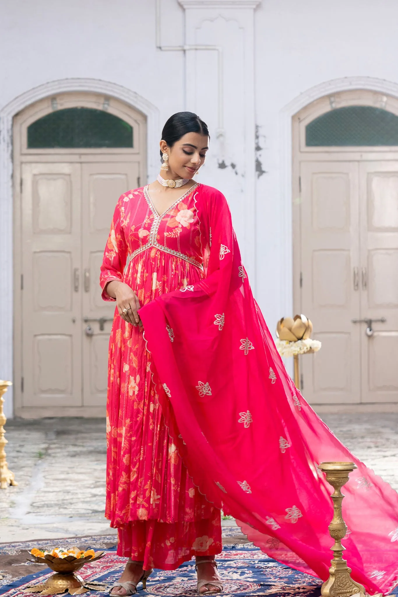 Pink Chinon Chiffon Suit Set with Embroidered Organza Dupatta