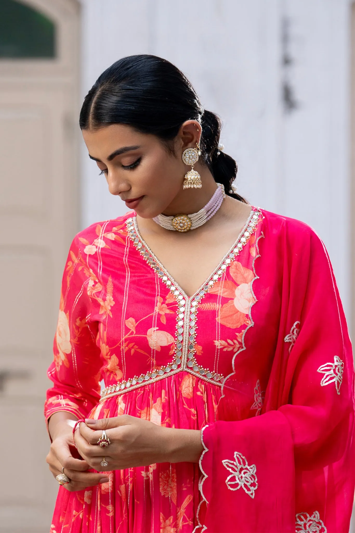 Pink Chinon Chiffon Suit Set with Embroidered Organza Dupatta