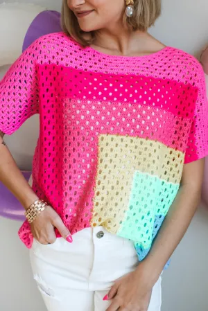 Pink Geometric Color Block Hollowed Crochet Sweater T Shirt