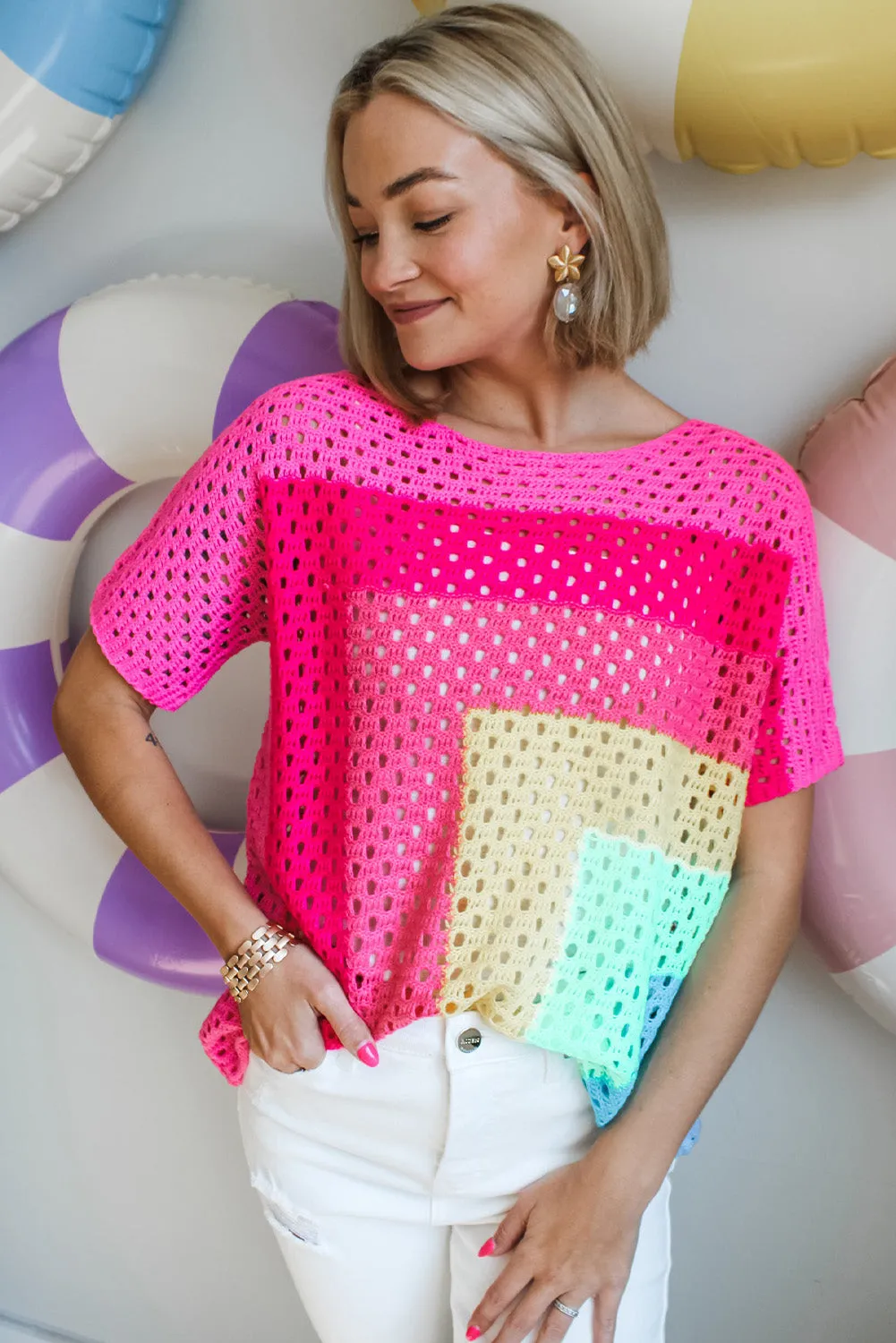 Pink Geometric Color Block Hollowed Crochet Sweater T Shirt