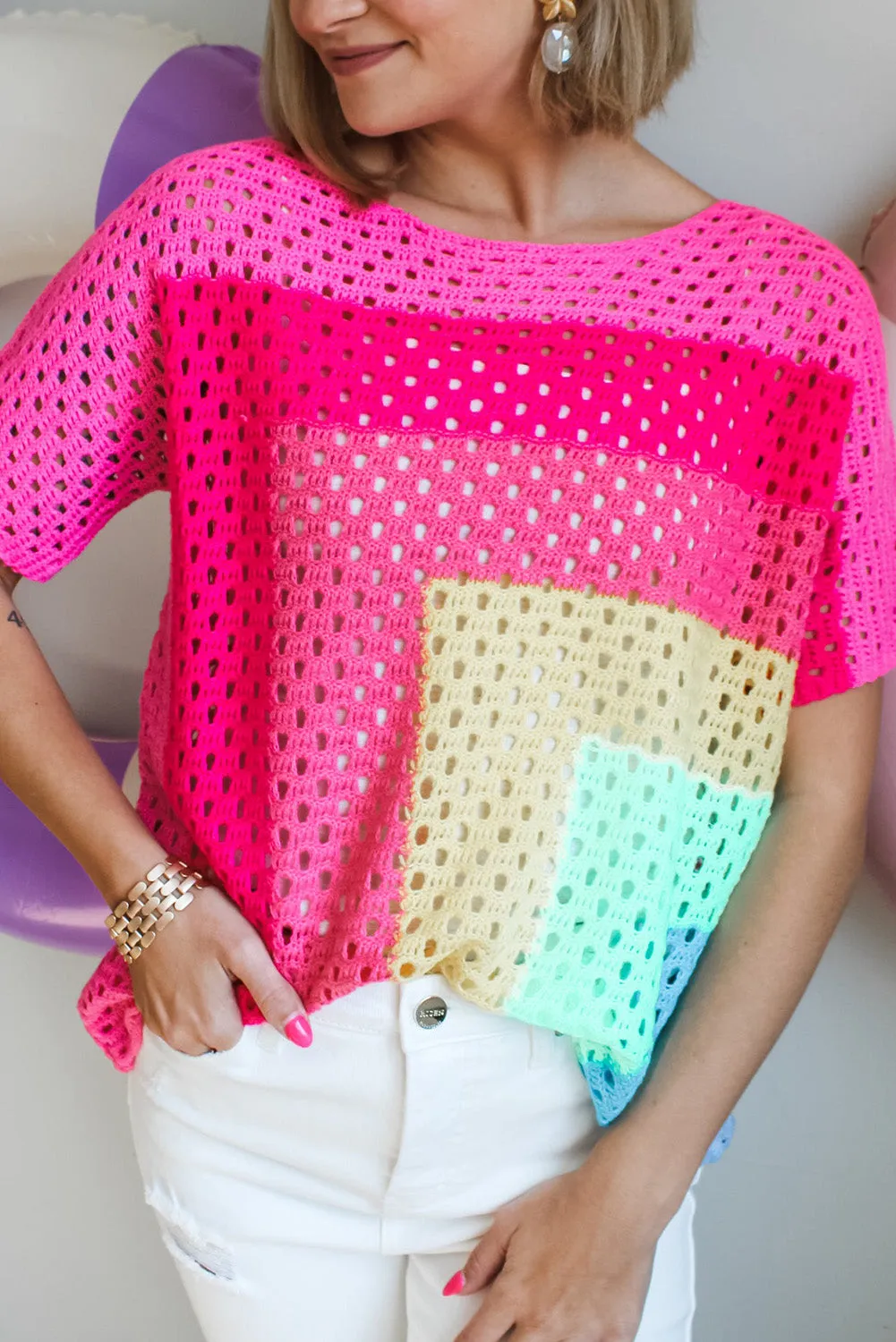 Pink Geometric Color Block Hollowed Crochet Sweater T Shirt