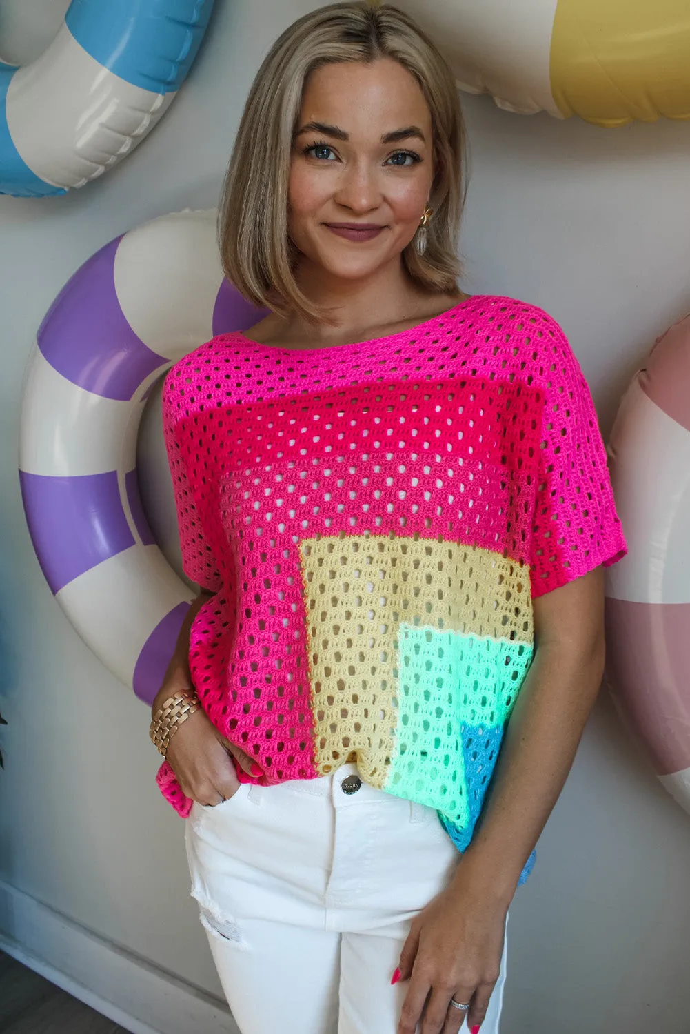 Pink Geometric Color Block Hollowed Crochet Sweater T Shirt