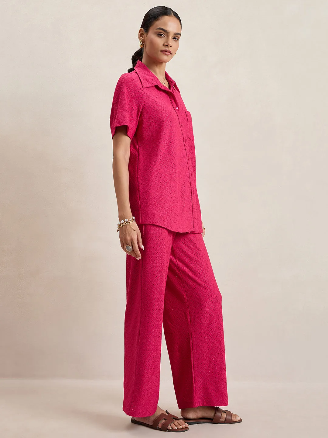 Pink Knitted Schiffli Button Down Shirt