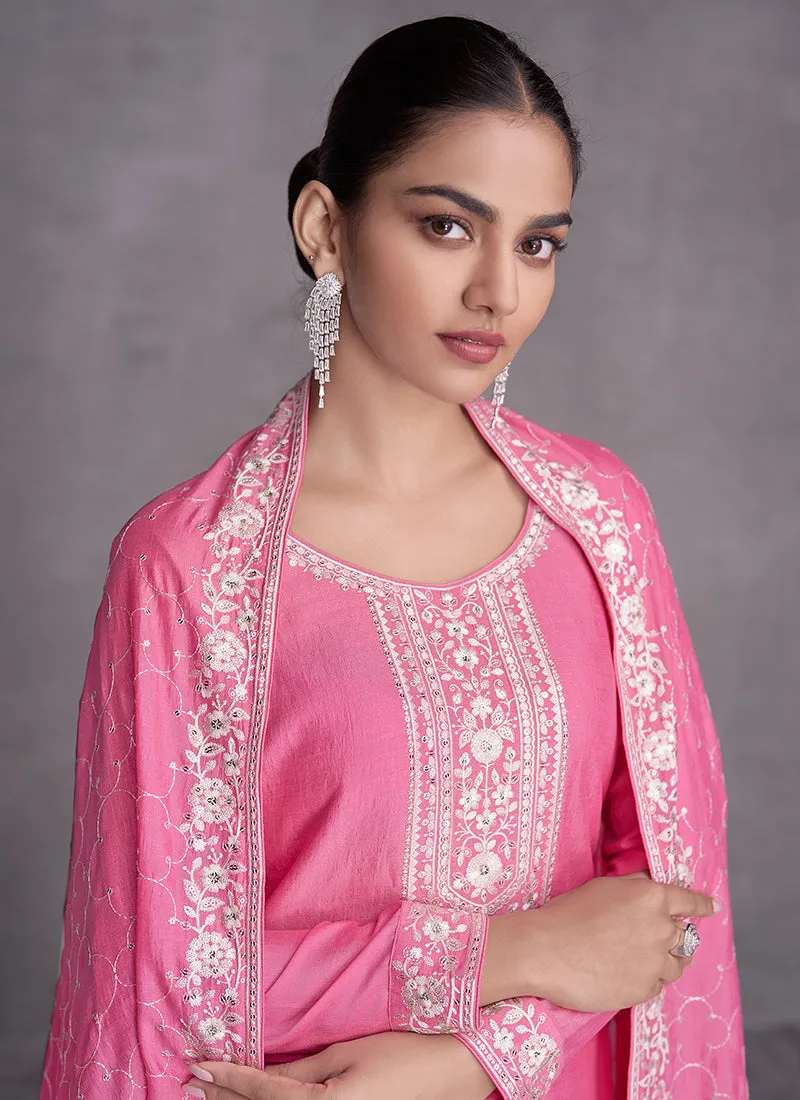 Pink Sequence Embroidery Wedding Palazzo Suit