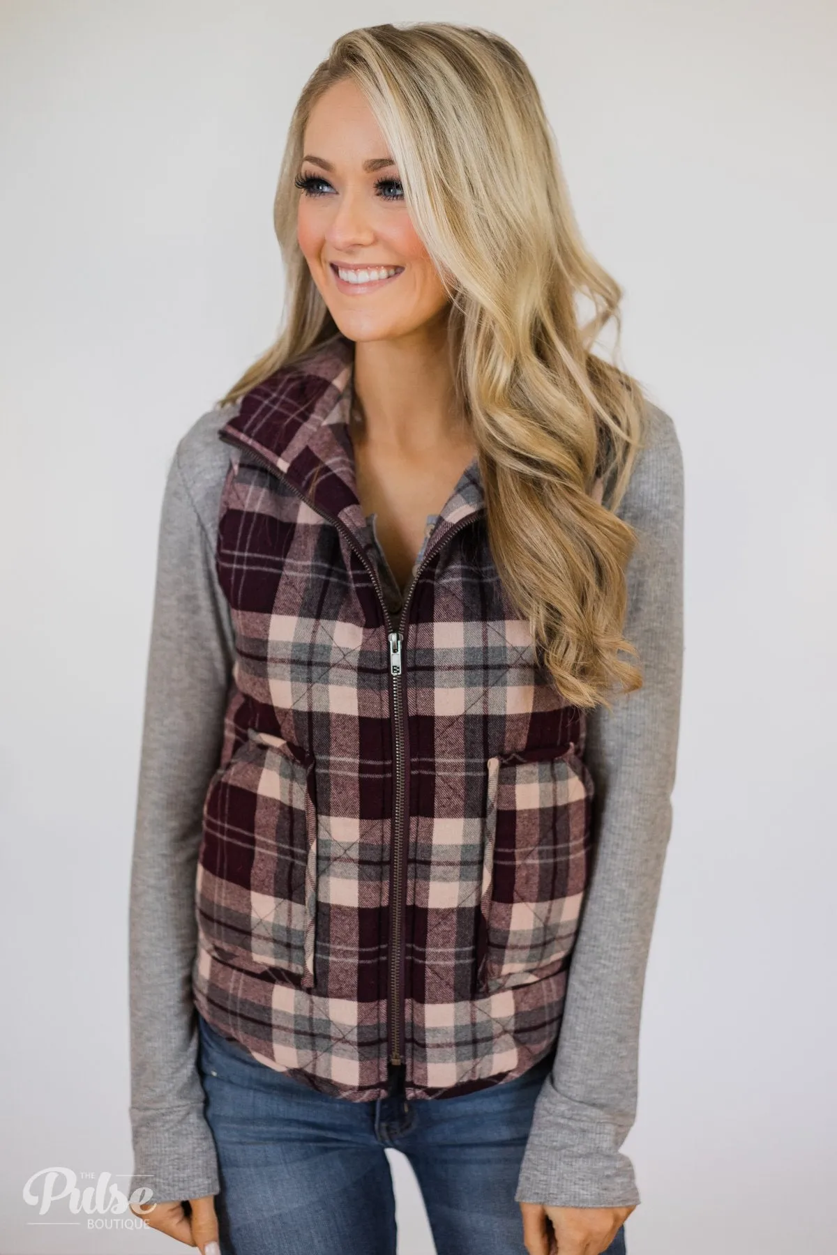 Plaid Pocket Vest- Eggplant & Grey