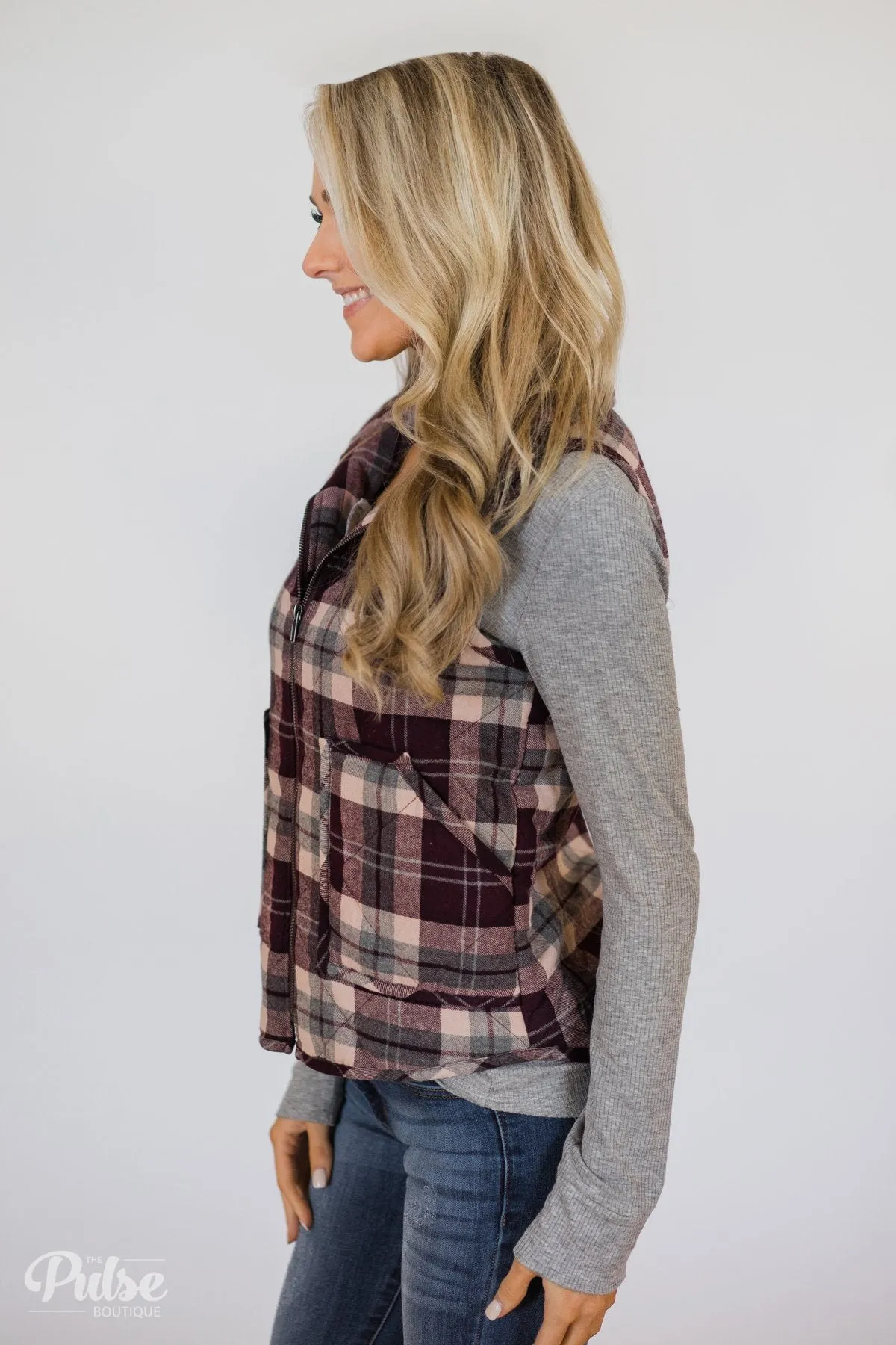 Plaid Pocket Vest- Eggplant & Grey