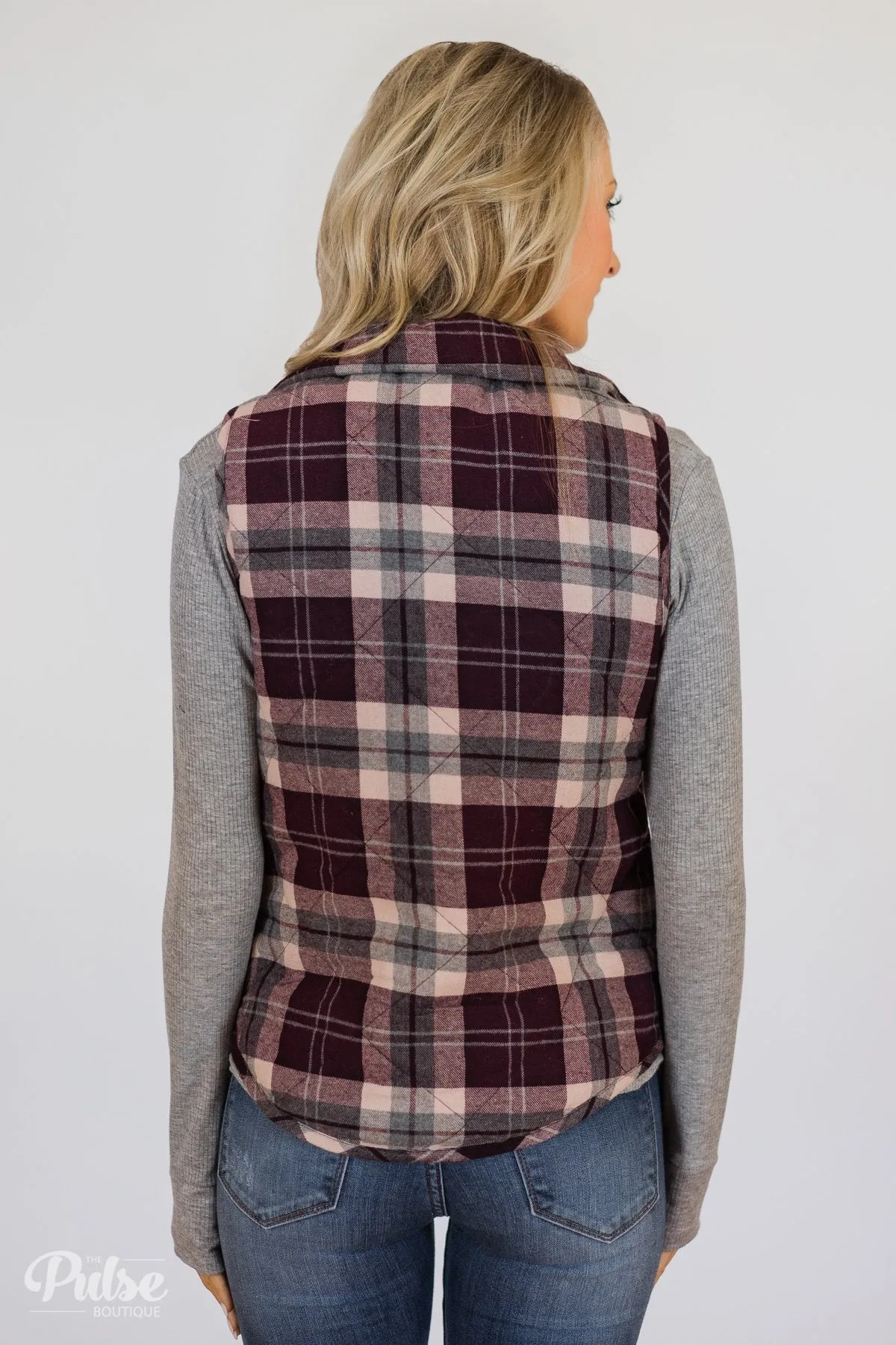Plaid Pocket Vest- Eggplant & Grey