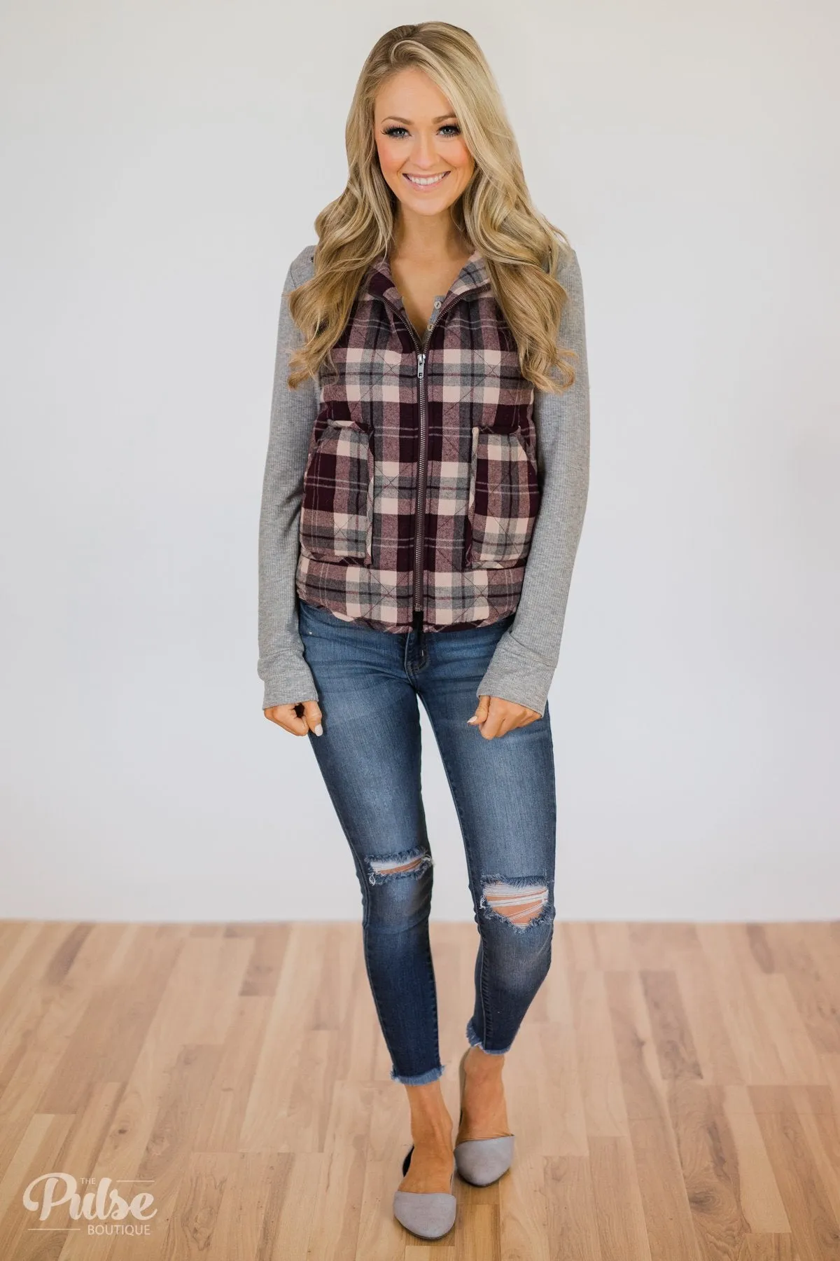 Plaid Pocket Vest- Eggplant & Grey