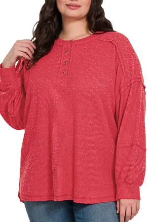 Plus Size Frosty Feels Dark Red Brushed Hacci Henley Sweater