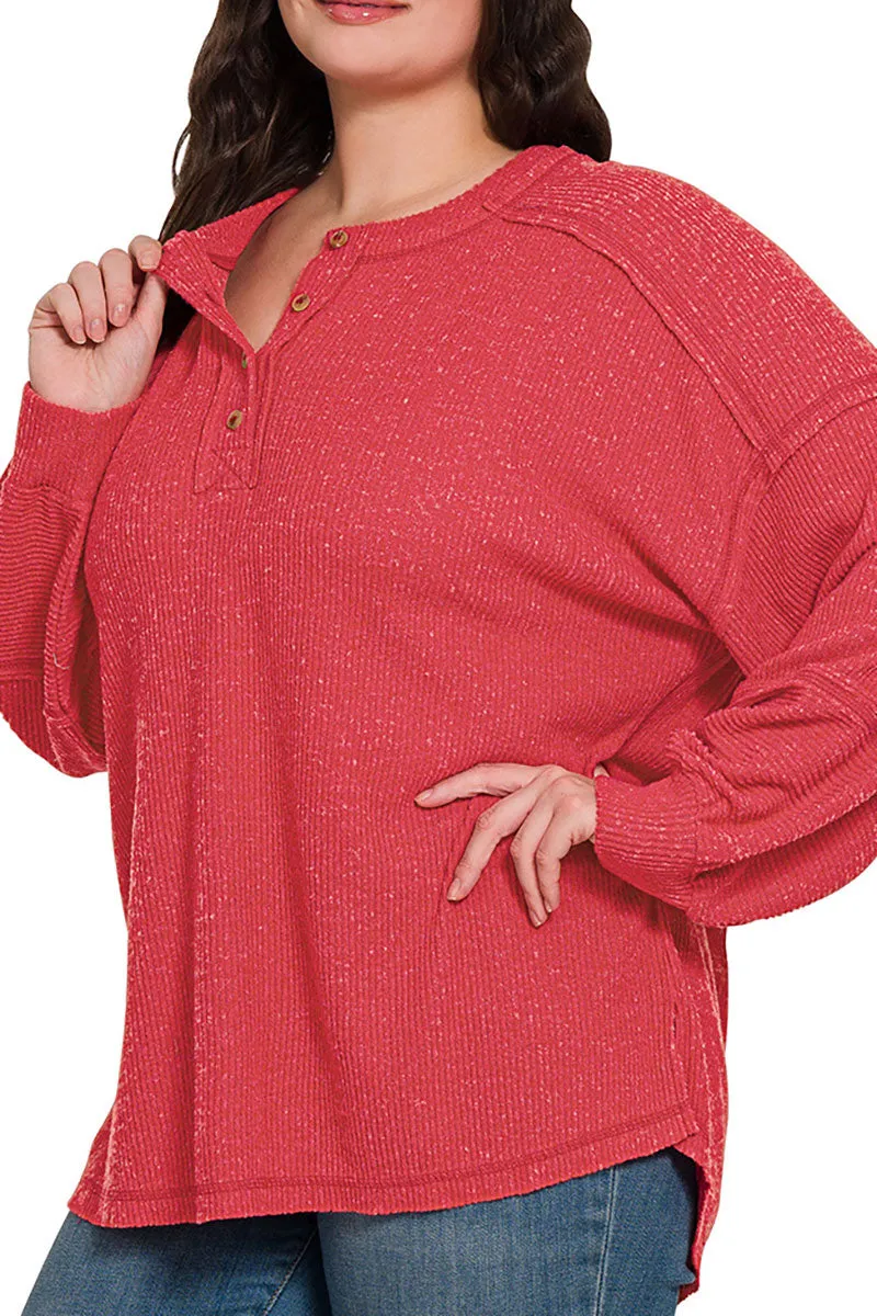 Plus Size Frosty Feels Dark Red Brushed Hacci Henley Sweater