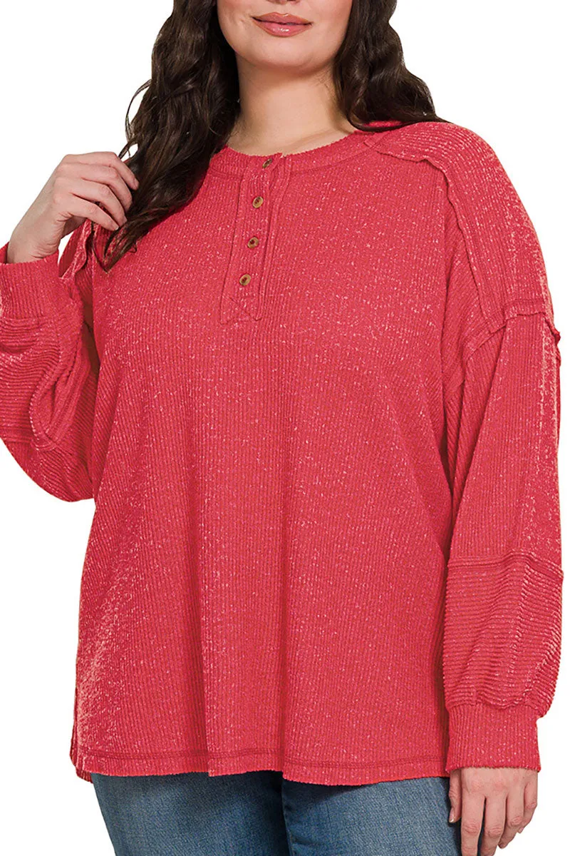 Plus Size Frosty Feels Dark Red Brushed Hacci Henley Sweater